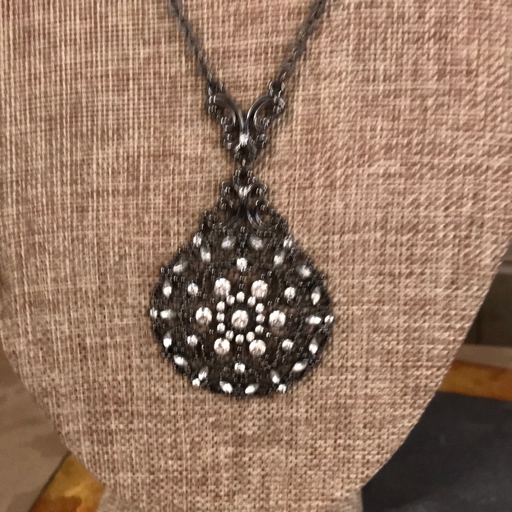 Gunmetal and rhinestone pendant necklace, Victorian style